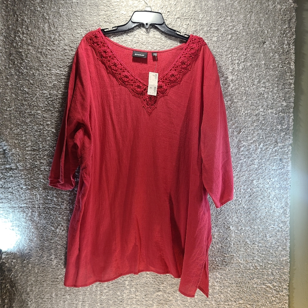 Avenue Tunic Top Plus 26/28 Pink Red Flowy Boho Cotto V-neck Floral Crochet NWT